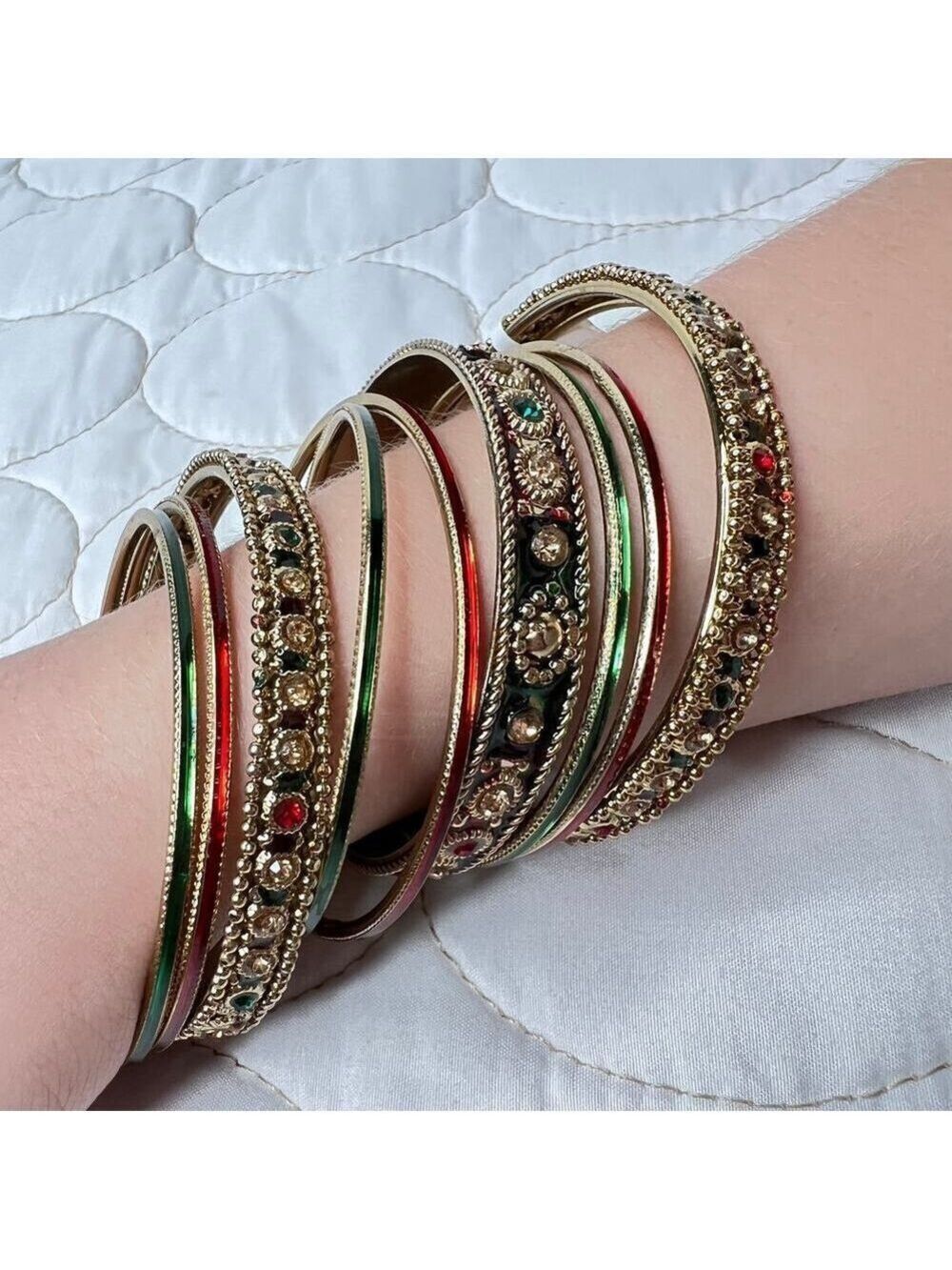 Indian 9 Bangle Bracelets Ethnic Bollywood Gold Red Green Party Holiday Jewelry